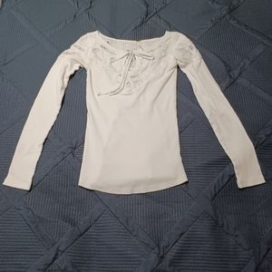 Free People White Crochet Neckline Longsleeve Top Size XS